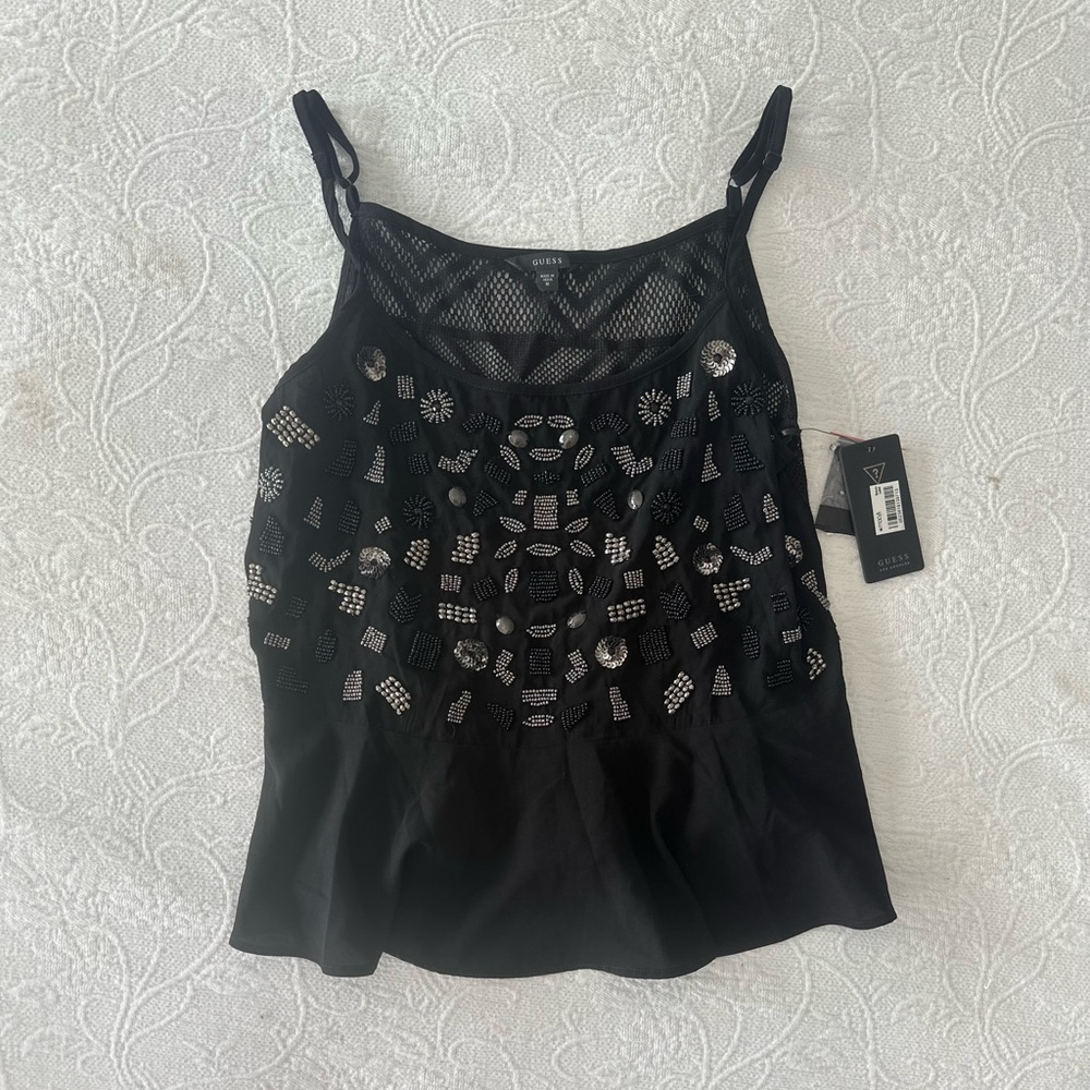 GUESS Embellished Black Mesh Peplum Top - Size M - NWT